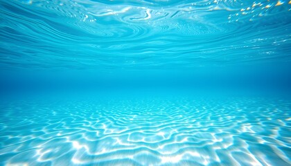 Clear blue ocean water with sunlight shimmering on the sandy seabed, creating beautiful underwater light patterns.