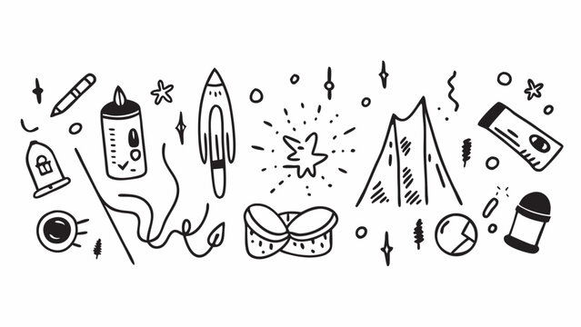 Hand drawn doodle illustration featuring camping gear musical instruments and other random objects in black and white on transparent background silhouette