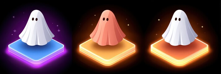 Colorful projections of cheerful ghosts dance in a lively scene, bringing a magical atmosphere to the evening event