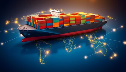 A large container cargo ship sails over a glowing world map, symbolizing global trade, shipping, and a logistics network.