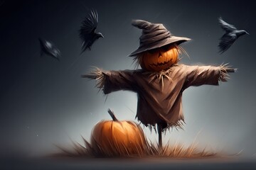 In a moonlit pumpkin patch, a scarecrow looms among swirling autumn leaves, setting a spooky Halloween scene