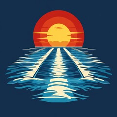 Sunset over water with boat wake carving through calm ocean waves at dusk