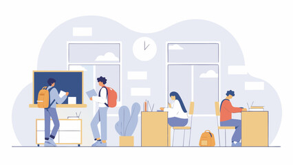 Students in classroom with backpacks studying at desks near blackboard and windows in a light filled room on transparent background silhouette