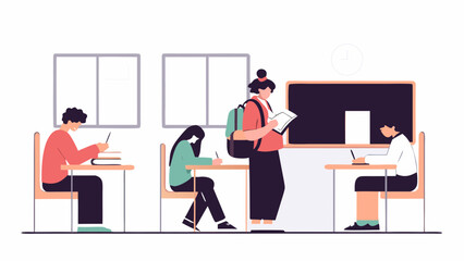 Students are studying in a classroom with a teacher and a blackboard in the background scene view on transparent background silhouette