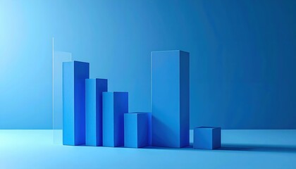 Abstract conceptual illustration featuring a stylized bar graph composed of blue rectangular prisms arranged to depict a downward trend against a matching blue gradient backdrop, conveying...