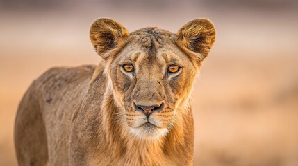 Obraz premium ferocity. Lioness with a focused gaze and detailed fur, bathed in golden savanna light with a natural habitat backdrop. wildlife magazines.