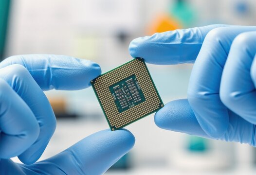 Hands hold a microprocessor chip in blue nitrile gloves for precision