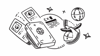 Illustration of passports, airplane, globe, and travel documents in black and white style on transparent background silhouette