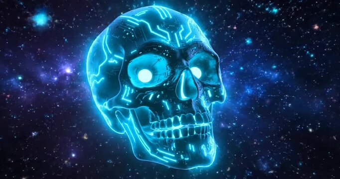 Neon Blue Skull Illuminated Against Starry Night Sky &ndash; Digital Illustration Viewed from Left Perspective in Futuristic Space Setting