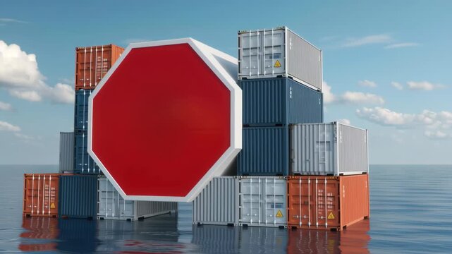 Red stop sign shipping container ocean blockade trade restriction logistics transport warning barrier against stacked cargo containers import export