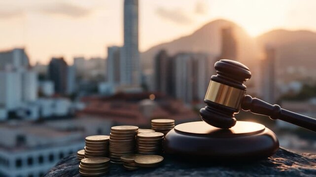 Gavel and coin stack against skyline background concept for legal auction financial decisions and justice
