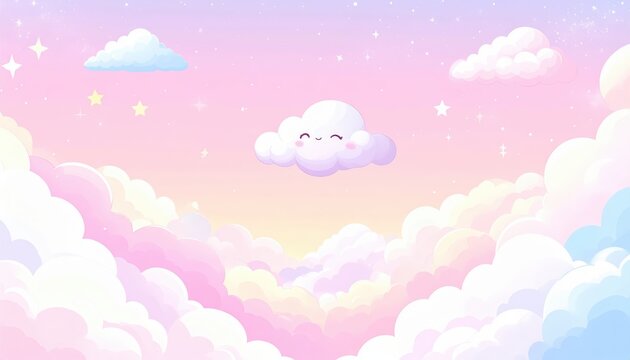 Whimsical illustration showcasing a serene sky filled with fluffy, colorful clouds, complemented by twinkling stars, and featuring a smiling, animated cloud character floating amidst the dreamy... - Powered by Adobe