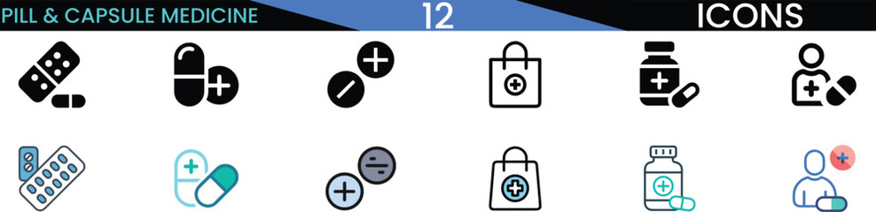 Collection of medical pill capsule and pharmacy icons symbols representing health vector