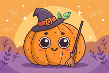 Cute monster pumpkin kawaii spooky Halloween festive illustration Vector.