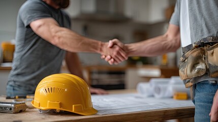 Two construction workers shake hands over project plans while wearing safety gear in a bright workshop setting during daylight hours