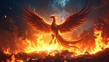 Majestic avian creature rising from flames, its wings outstretched against a backdrop of fiery inferno and a dramatic, smoky sky with a display of intense oranges, reds, and a hint of deep blue.