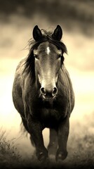 Wild horse galloping across an open field at dawn, showcasing strength and beauty of nature