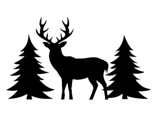 deer with pine trees and forest scenery silhouette vector