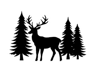 deer with pine trees and forest scenery silhouette vector