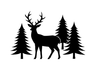 deer with pine trees and forest scenery silhouette vector