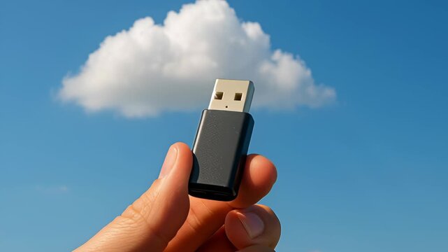 Hand Holds Small Black USB Flash Drive Against Bright Blue Sky with Fluffy White Cloud, Symbolizing Data Storage and Connectivity