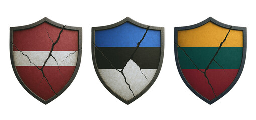 Conceptual illustration of cracked shields with Latvia, Estonia, and Lithuania flags, symbolizing fragility, unity, and geopolitical challenges. PNG isolated design.