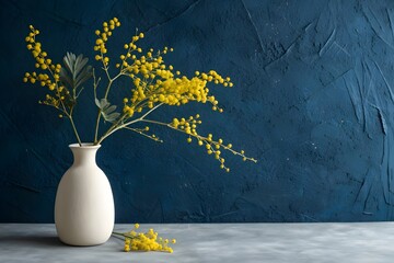 Simple vase with yellow flowers against a deep blue backdrop