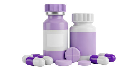 Isolated medication bottles, pills and capsules for health and medical concept close-up render