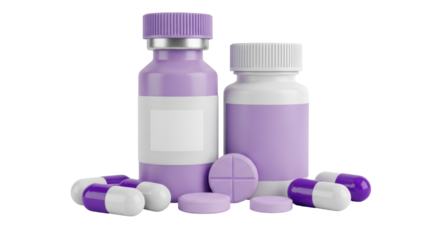 Isolated medication bottles, pills and capsules for health and medical concept close-up render