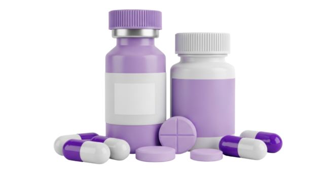 Isolated medication bottles, pills and capsules for health and medical concept close-up render