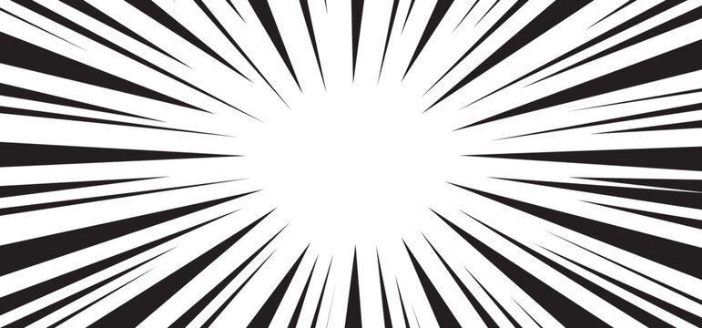 Comic speed line background, manga radial anime. Cartoon emphasis superhero frame, impact burst effect. Splash blast black bg. Graphic boom ray pop art. Abstract action element. Vector illustration
