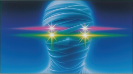 Mummy With Glowing Eyes: A striking depiction of a mummy figure, wrapped in bandages and radiating vibrant energy with glowing eyes and mystical colors.
