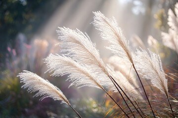 Sunlit, feathery ornamental grass, gently swaying in warm, hazy light