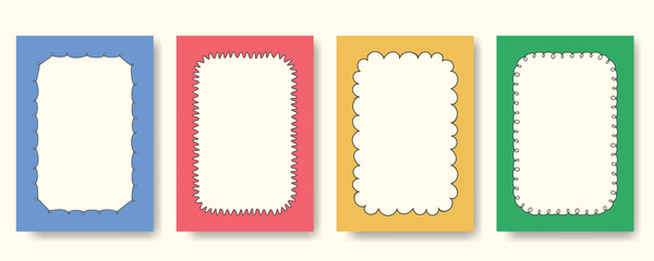 Retro doodle frame vector set. Hand drawn wavy border collection. Cute curly border clipart. Poster scrapbook design. Squiggly line rectangular frames