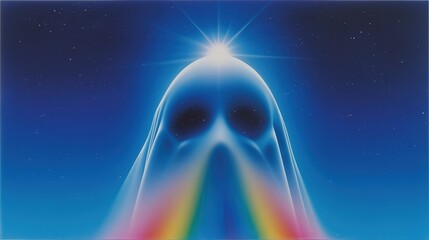 Celestial Being: A luminous figure, radiating light, ascends against a backdrop of a radiant spectrum and a star-studded sky, evoking themes of transcendence, enlightenment, and ethereal beauty.