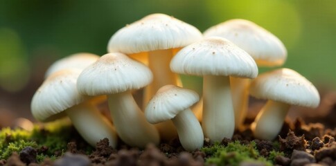 Close-up of several pristine white mushrooms, textured details visible ,  culinary,  recipe