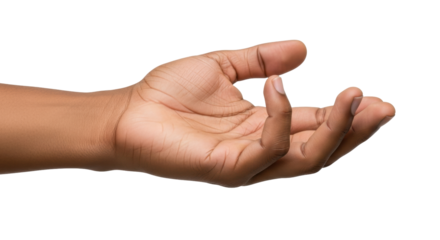 Isolated hand reaches out, holding something invisible, palm up, medium skin tone