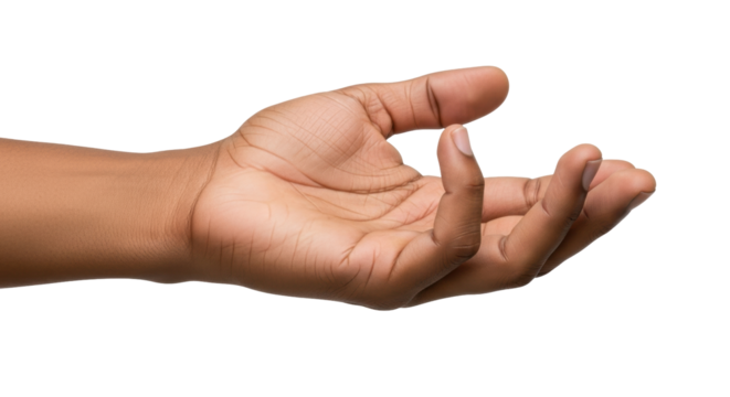Isolated hand reaches out, holding something invisible, palm up, medium skin tone