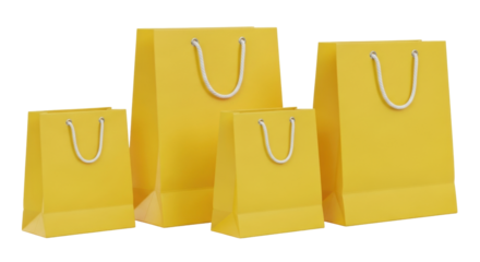 Isolated grouping of assorted sizes of bright yellow shopping bags, promotion concept