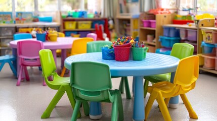 Bright and inviting preschool classroom with colorful tables and chairs for creative learning activities
