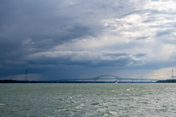 Laviolette Bridge in Trois-Rivières as a storm approaches on the St. Lawrence River.