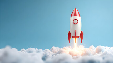 Colorful rocket launching through fluffy clouds against a bright blue sky, symbolizing adventure