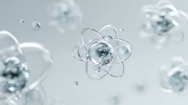 Crystal-clear atom models floating on a soft white gradient, abstract design concept for medical, skincare, and cosmetic technology