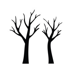 Two barren tree silhouettes against a white background creating a stark scene