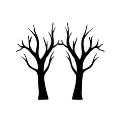 Two silhouette trees with bare branches on a white background