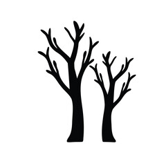 Silhouette of two leafless trees in a minimalist black and white illustration