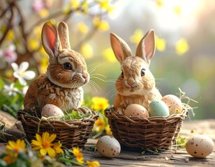 Cute bunnies in Easter baskets