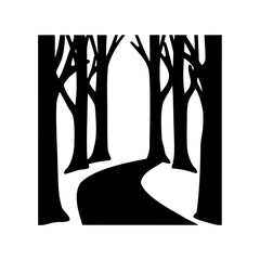 Black and white minimalist illustration of a forest path between trees