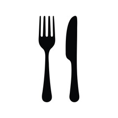 Black silhouette graphic of a fork and knife on white background