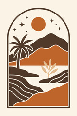 Dreamy tropical escape with palm trees, mountains, and starry skies in warm earth tones